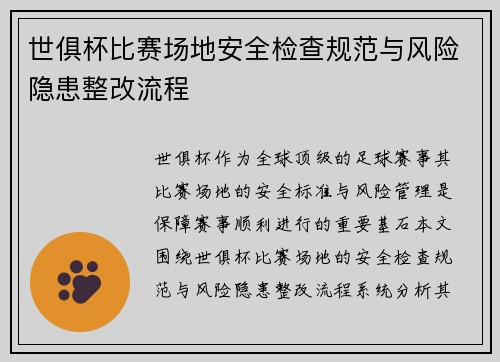 世俱杯比赛场地安全检查规范与风险隐患整改流程